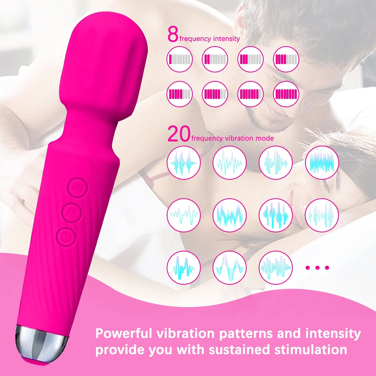 Waterproof Body Massager Wand Vibrator (Rose Red - 20 Modes 8 Vibrations)