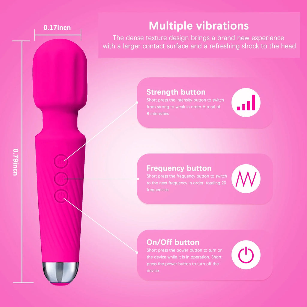 Waterproof Body Massager Wand Vibrator (Rose Red - 20 Modes 8 Vibrations)