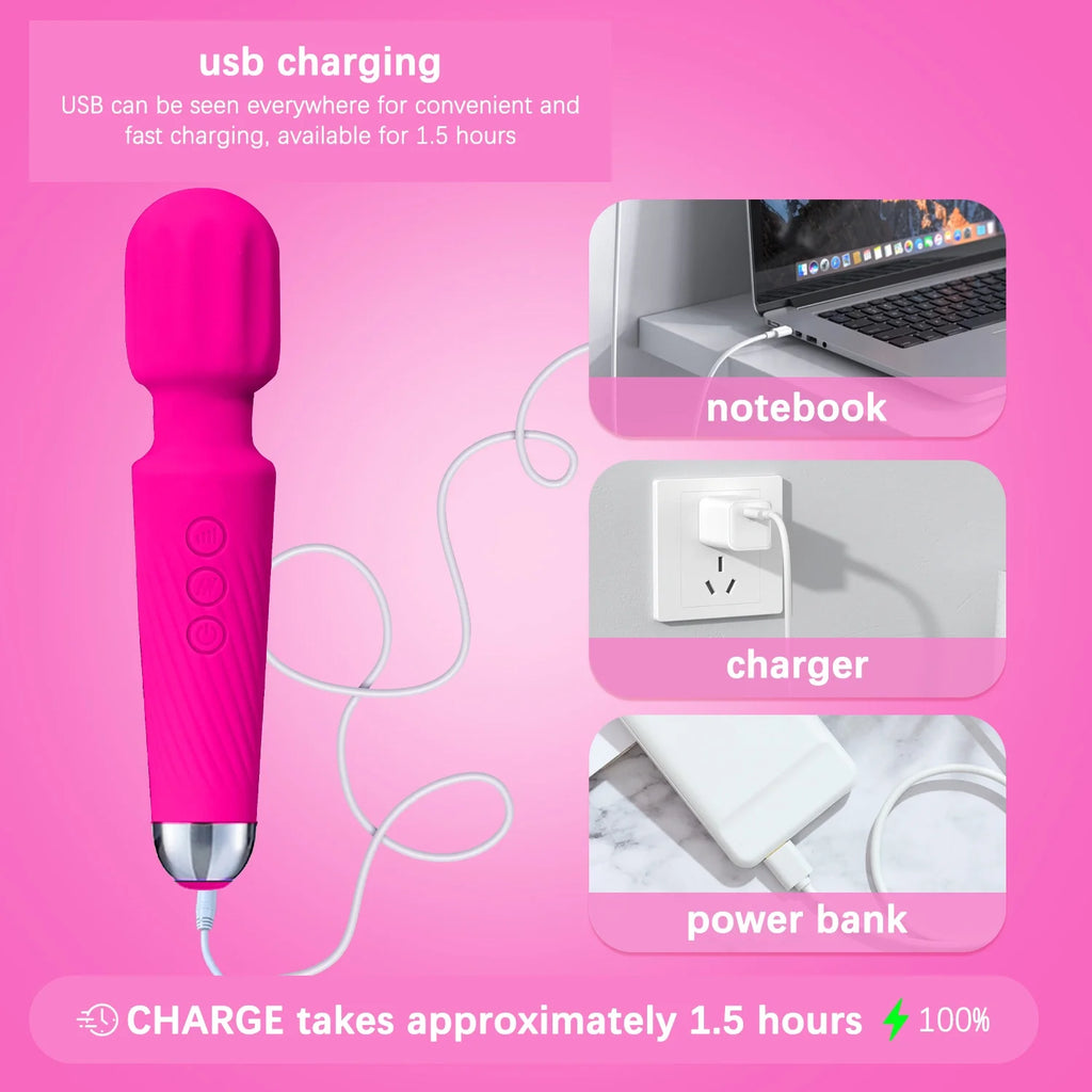 Waterproof Body Massager Wand Vibrator (Rose Red - 20 Modes 8 Vibrations)