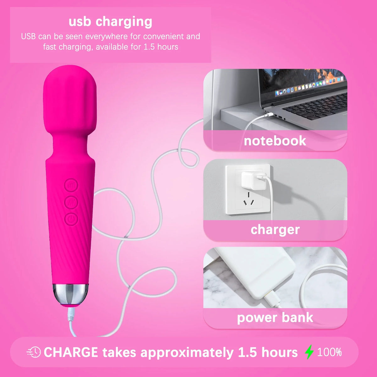 Waterproof Body Massager Wand Vibrator (Rose Red - 20 Modes 8 Vibrations)